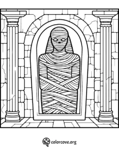 Egyptian mummy coloring page with stone backdrop. A great printout for kids and adults to enjoy a creative activity.