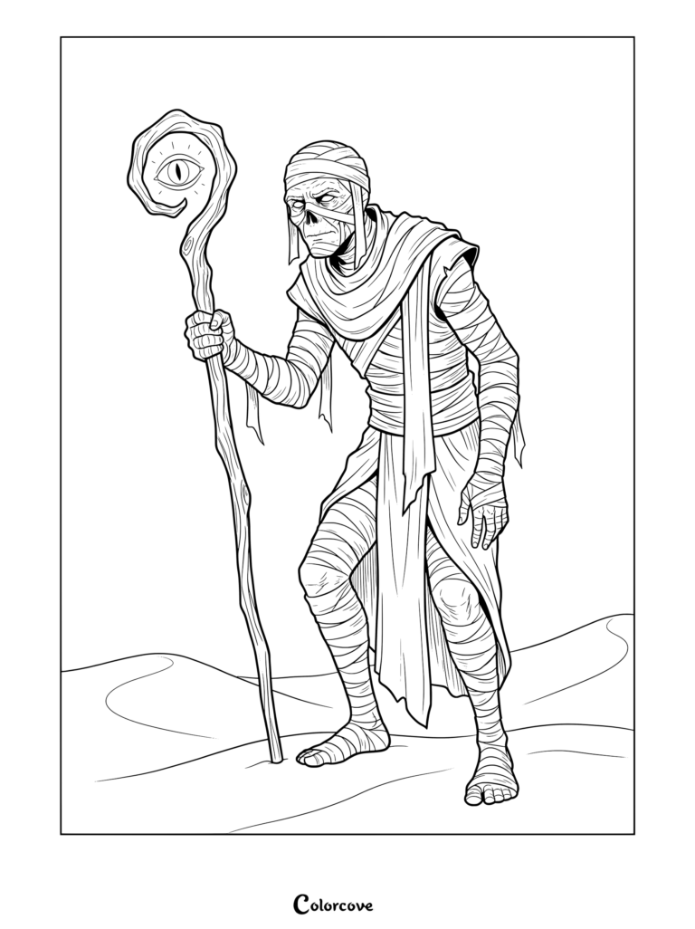 Mummy coloring page featuring an ancient wrapped sorcerer holding a magical staff with an eye.