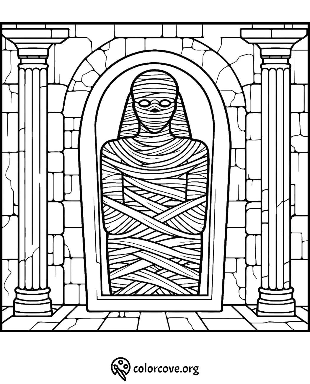 Egyptian mummy coloring page with stone backdrop. A great printout for kids and adults to enjoy a creative activity.