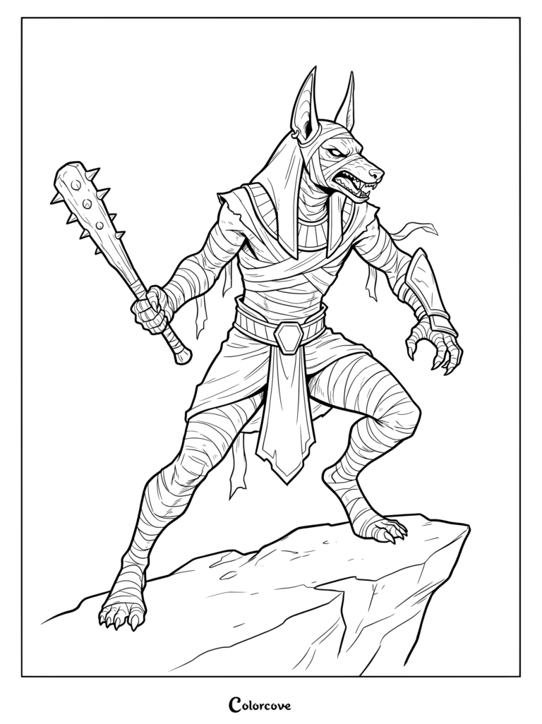 Anubis warrior mummy coloring page holding a spiked club.