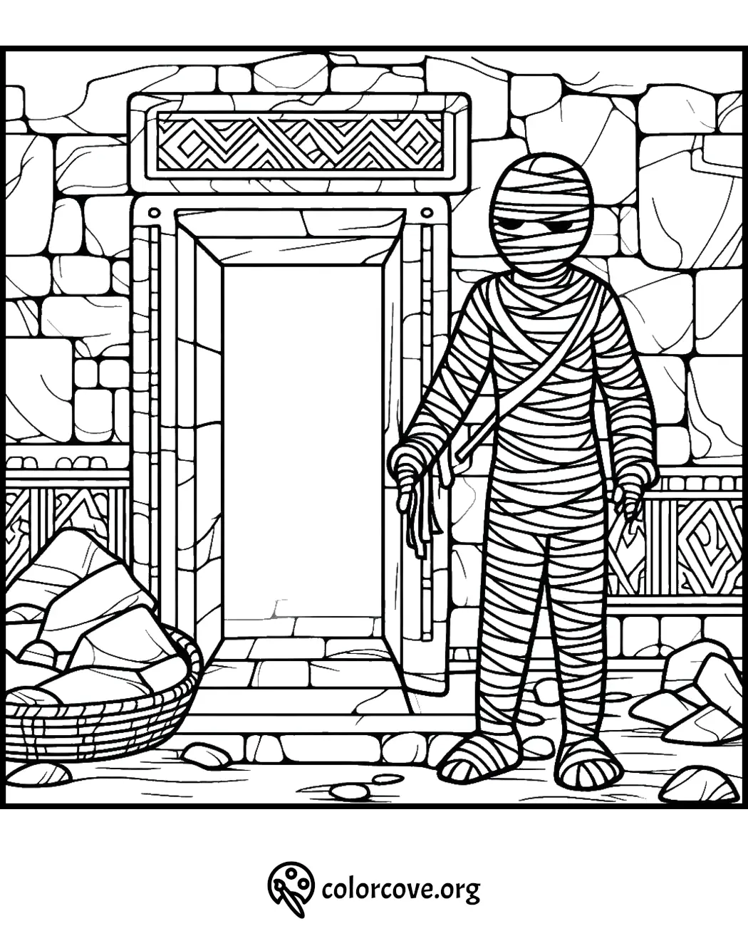 Mummy coloring page with bandaged figure emerging from ancient tomb entrance with stone walls and detailed patterns.