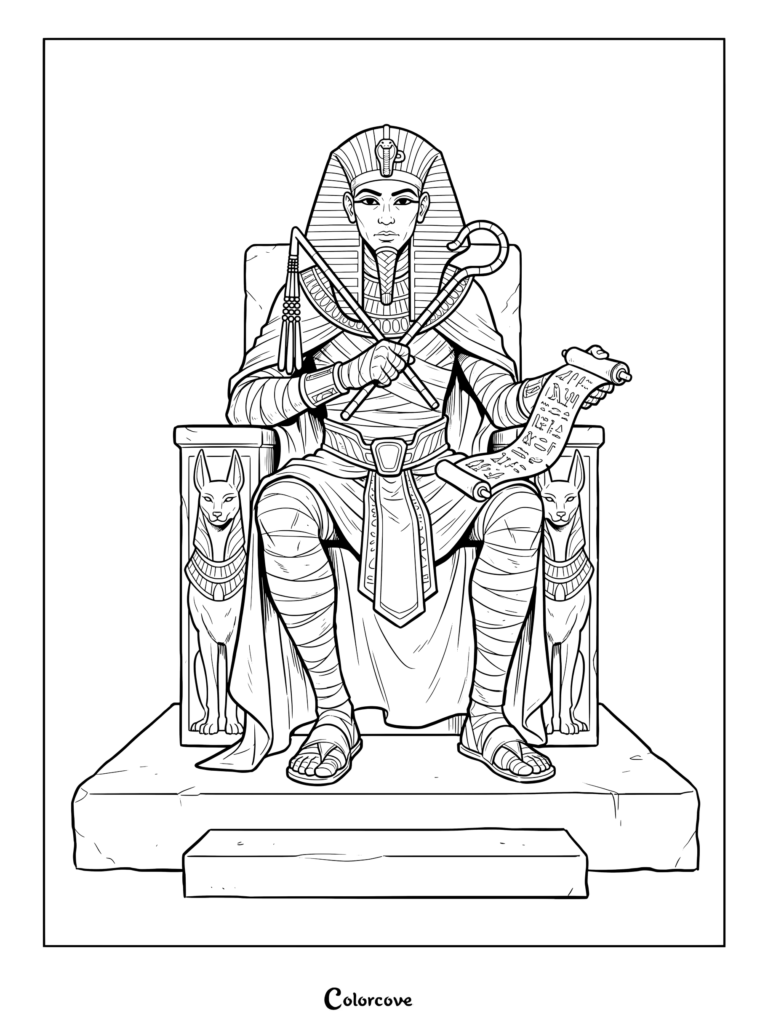 Mummy coloring page featuring an Egyptian pharaoh sitting on a throne holding a scroll.