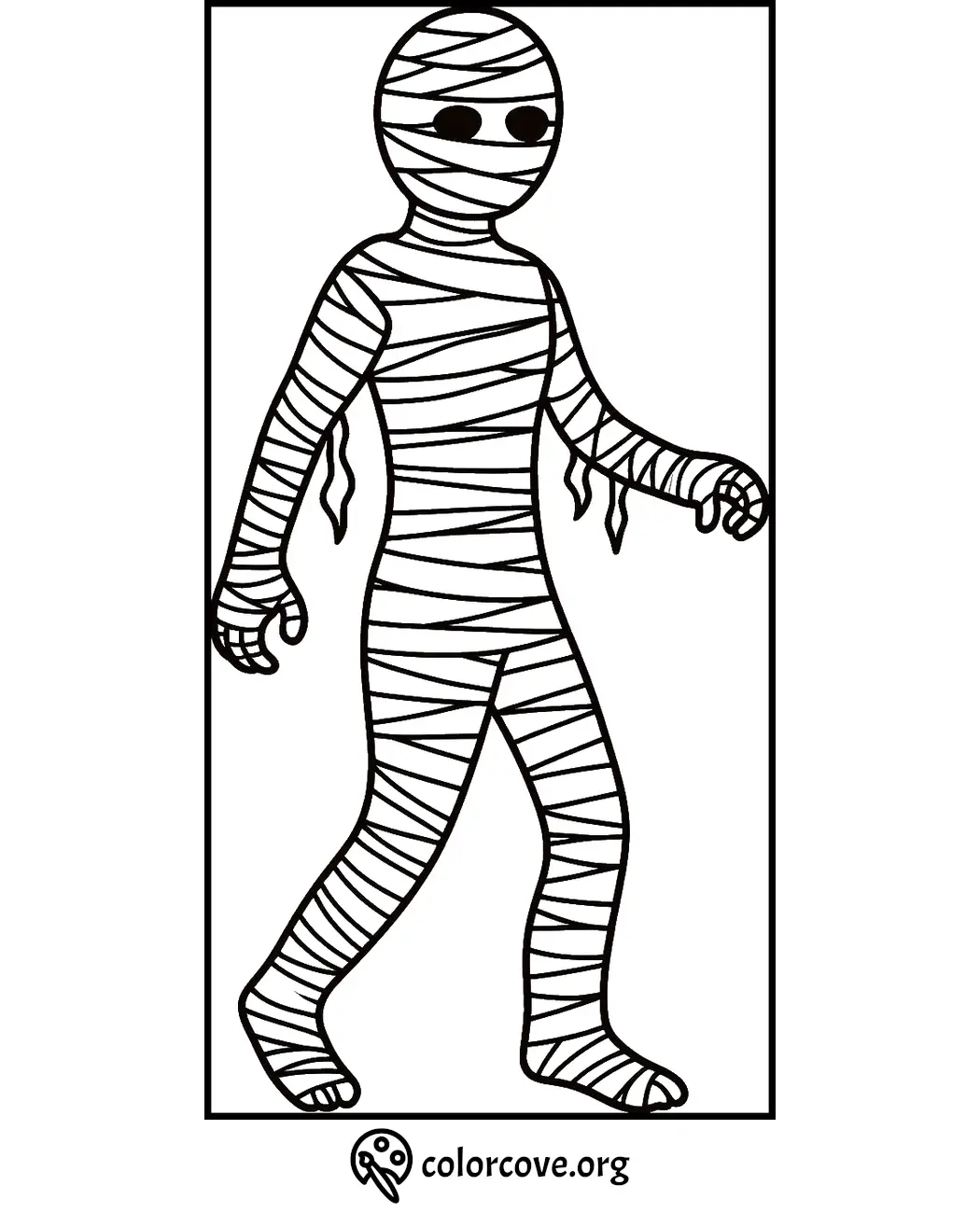 Mummy coloring page for kids, Halloween-themed printable with a wrapped mummy design to color from colorcove.org.