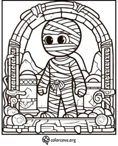 Cute mummy coloring page with bandages and ancient ruins background, free to print from colorcove.org.