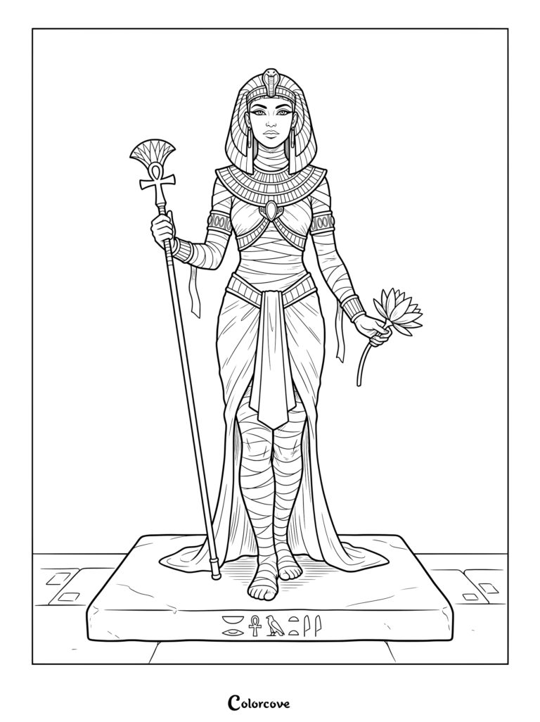Mummy queen standing on a stone pedestal holding a scepter and lotus flower coloring page