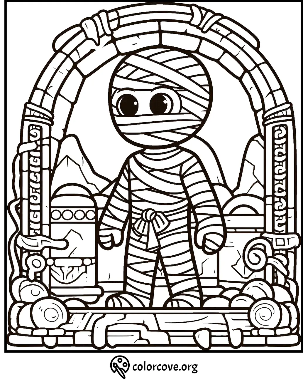 Cute mummy coloring page with bandages and ancient ruins background, free to print from colorcove.org.