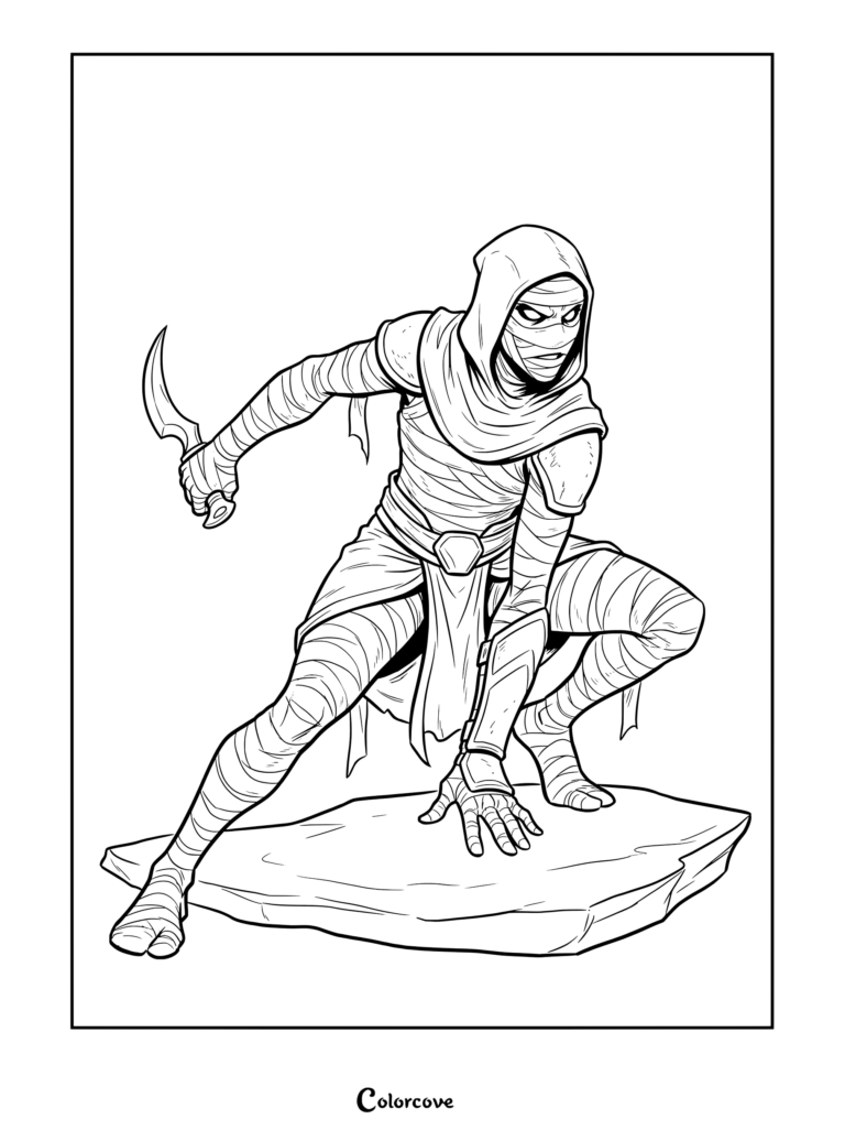 Mummy warrior wearing a hooded outfit and crouching on a stone while holding a curved dagger in this coloring page
