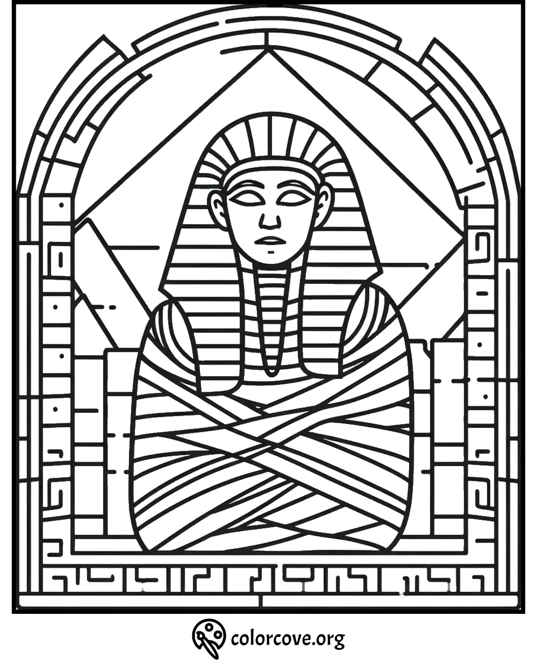 Ancient Egyptian mummy coloring page with intricate details and geometric patterns from colorcove.org.