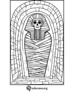Coloring page of an ancient Egyptian mummy in a sarcophagus, detailed with bandages and stonework. Suitable for kids.