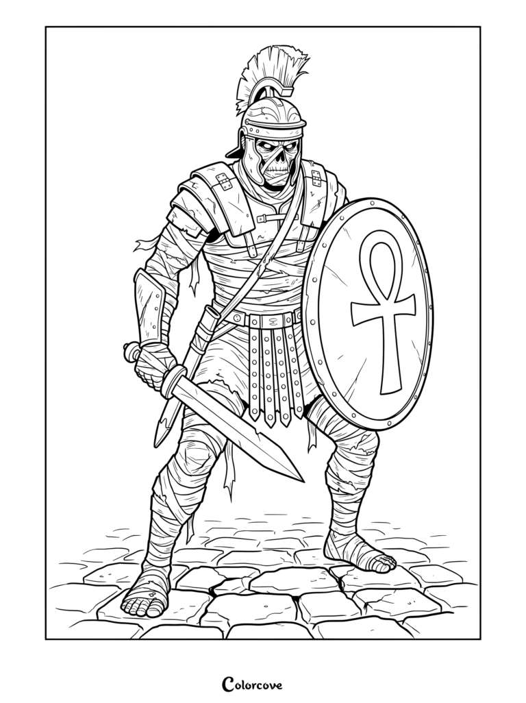 Roman soldier mummy holding a sword and an ankh-embossed shield for coloring page