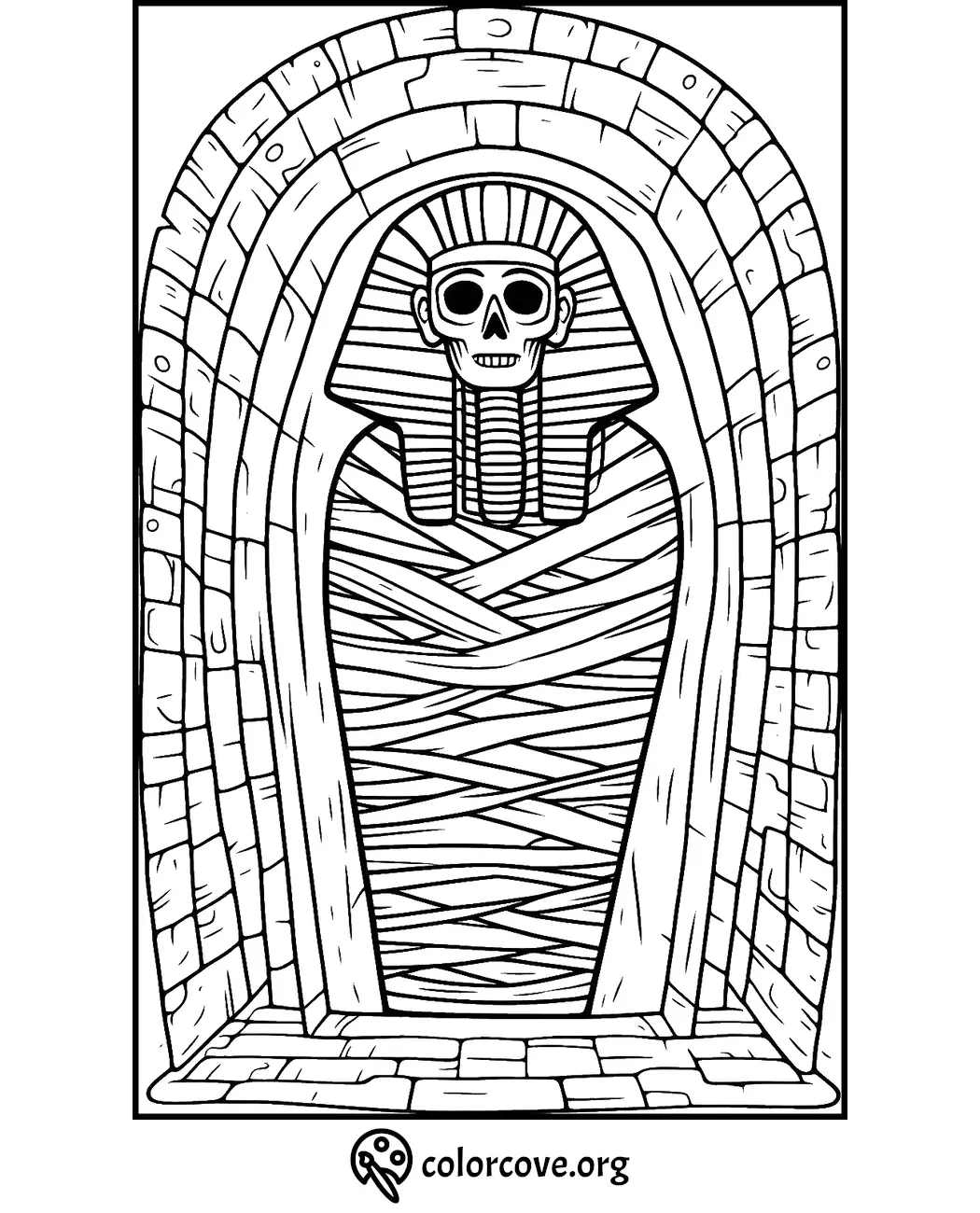 Coloring page of an ancient Egyptian mummy in a sarcophagus, detailed with bandages and stonework. Suitable for kids.