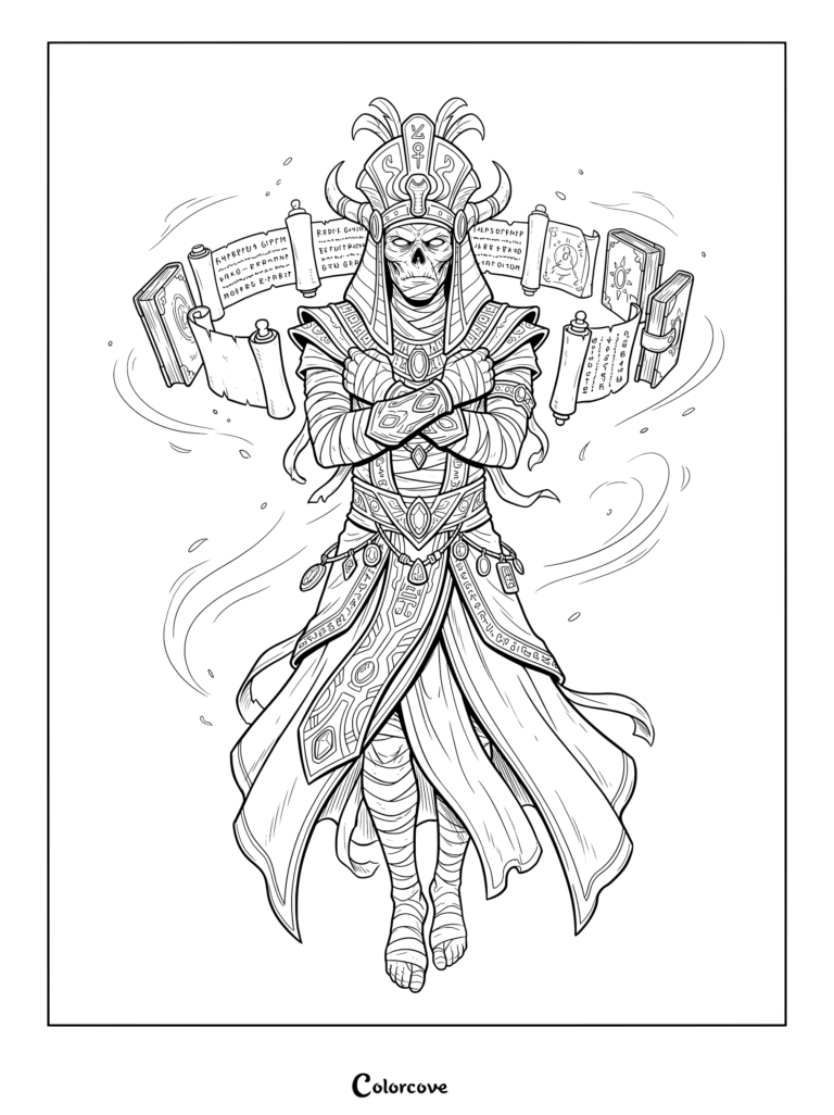 Mummy coloring page featuring an ancient Egyptian sorcerer surrounded by floating magical scrolls and spellbooks.