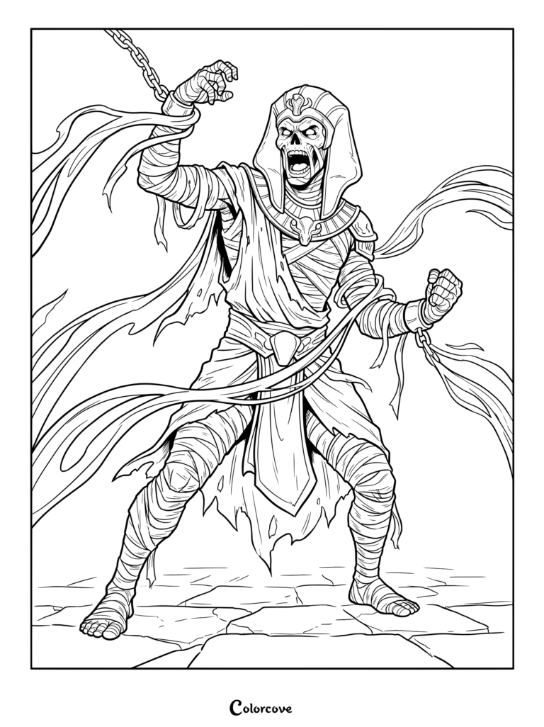 Chained Ancient Mummy coloring page featuring a roaring pharaoh breaking free from iron shackles.