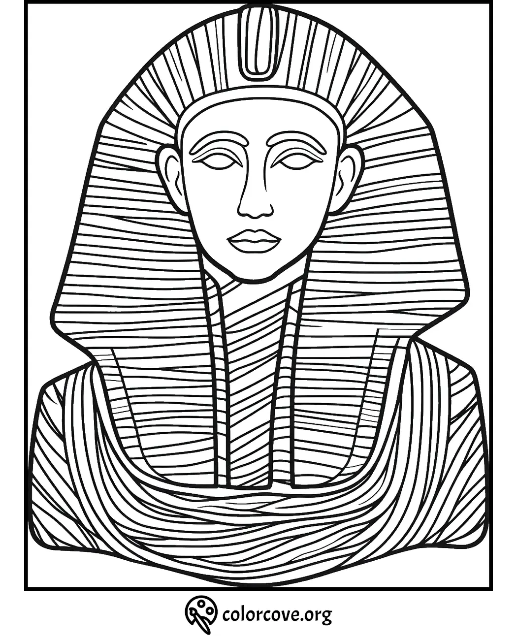 Ancient Egyptian Pharaoh coloring page featuring a detailed headdress and robe with intricate patterns.