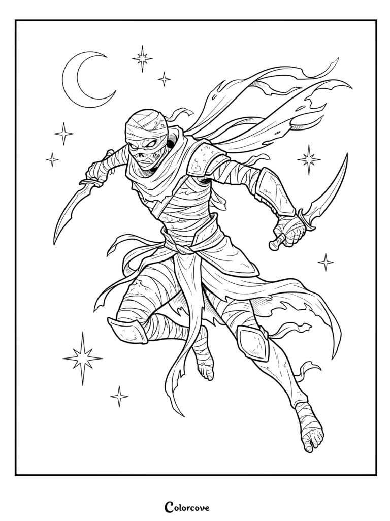Mummy warrior leaping through the night sky with twin daggers coloring page
