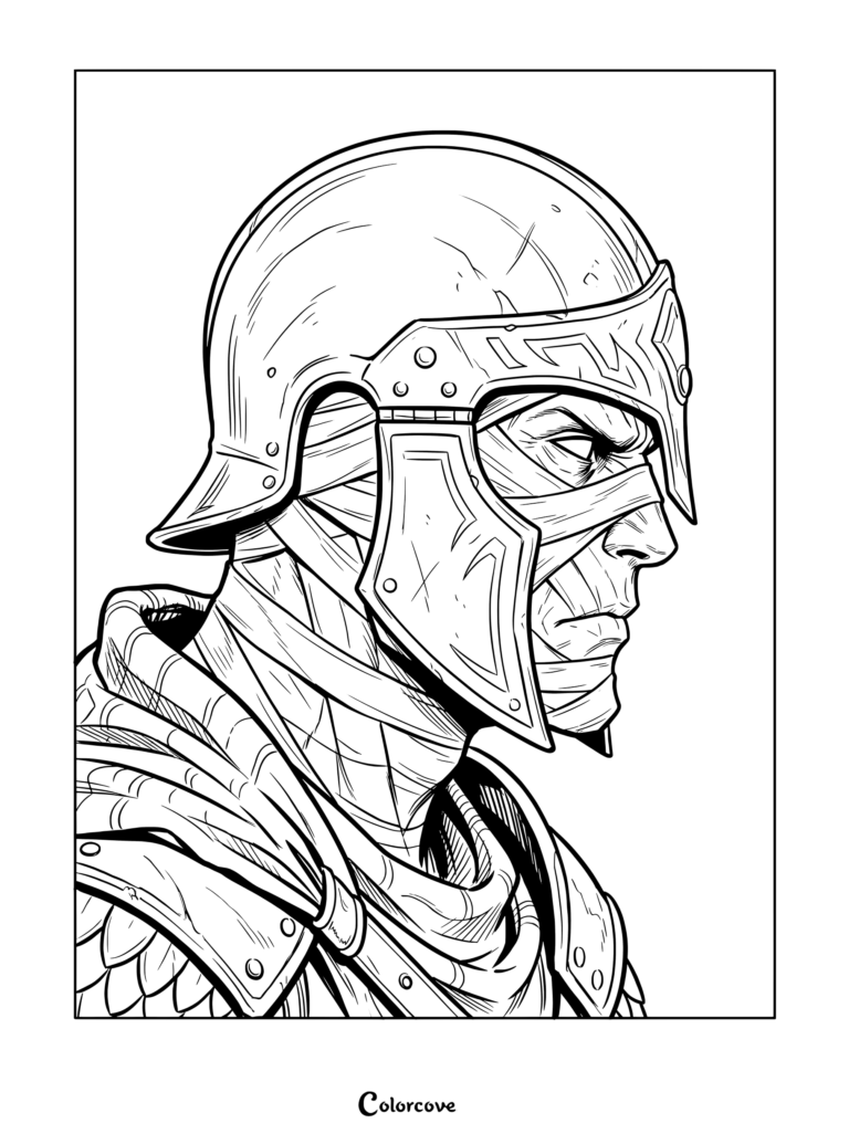 Mummy warrior wearing a metallic helmet and wrapped in bandages coloring page