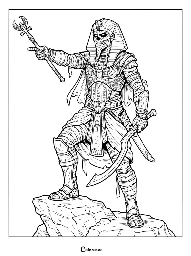 An intricate coloring page of an ancient mummy pharaoh holding a staff and sword.