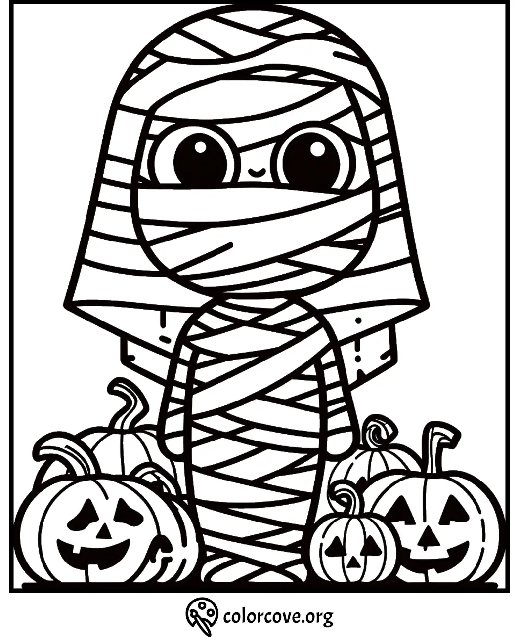 Cute mummy coloring page for kids with pumpkins and jack-o'-lanterns, ready to print and color for Halloween fun.