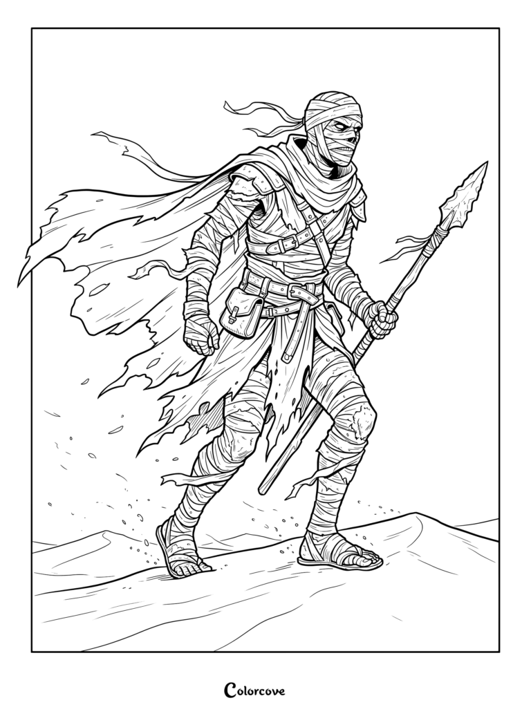 Ancient mummy warrior holding a spear and wearing a tattered cloak in a desert coloring page