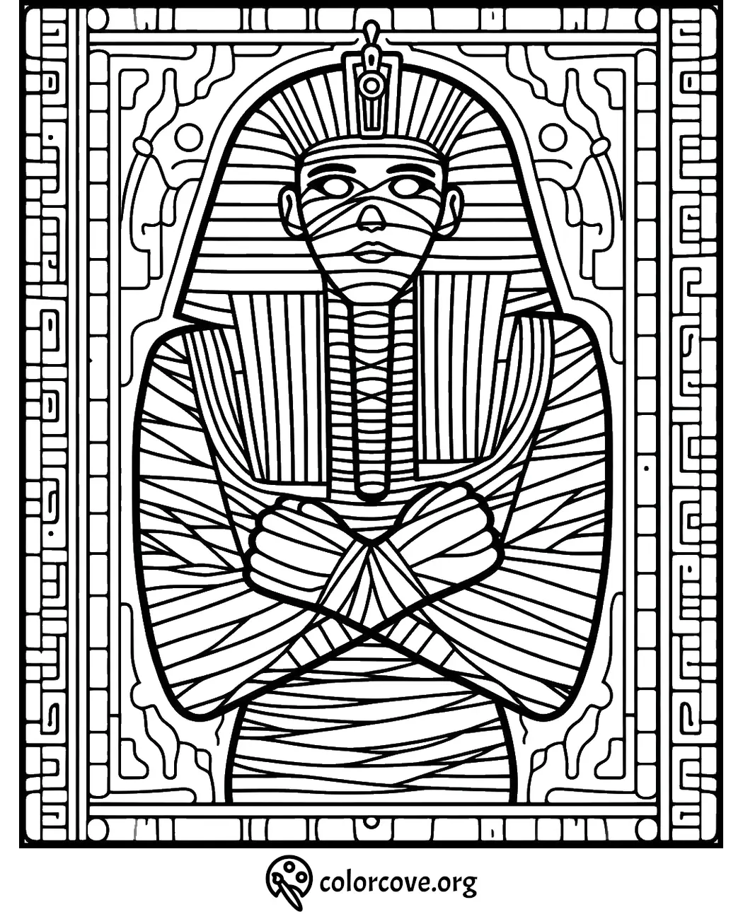 Coloring page featuring an intricate Egyptian pharaoh design with detailed patterns and framing elements.