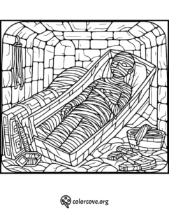 Mummy coloring page featuring an ancient mummy in a tomb, surrounded by artifacts and cobblestone walls.