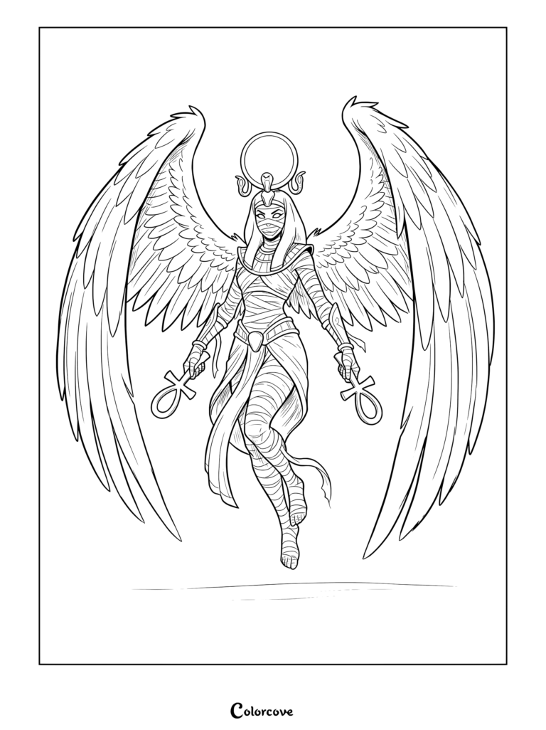Winged Egyptian mummy holding ankhs coloring page