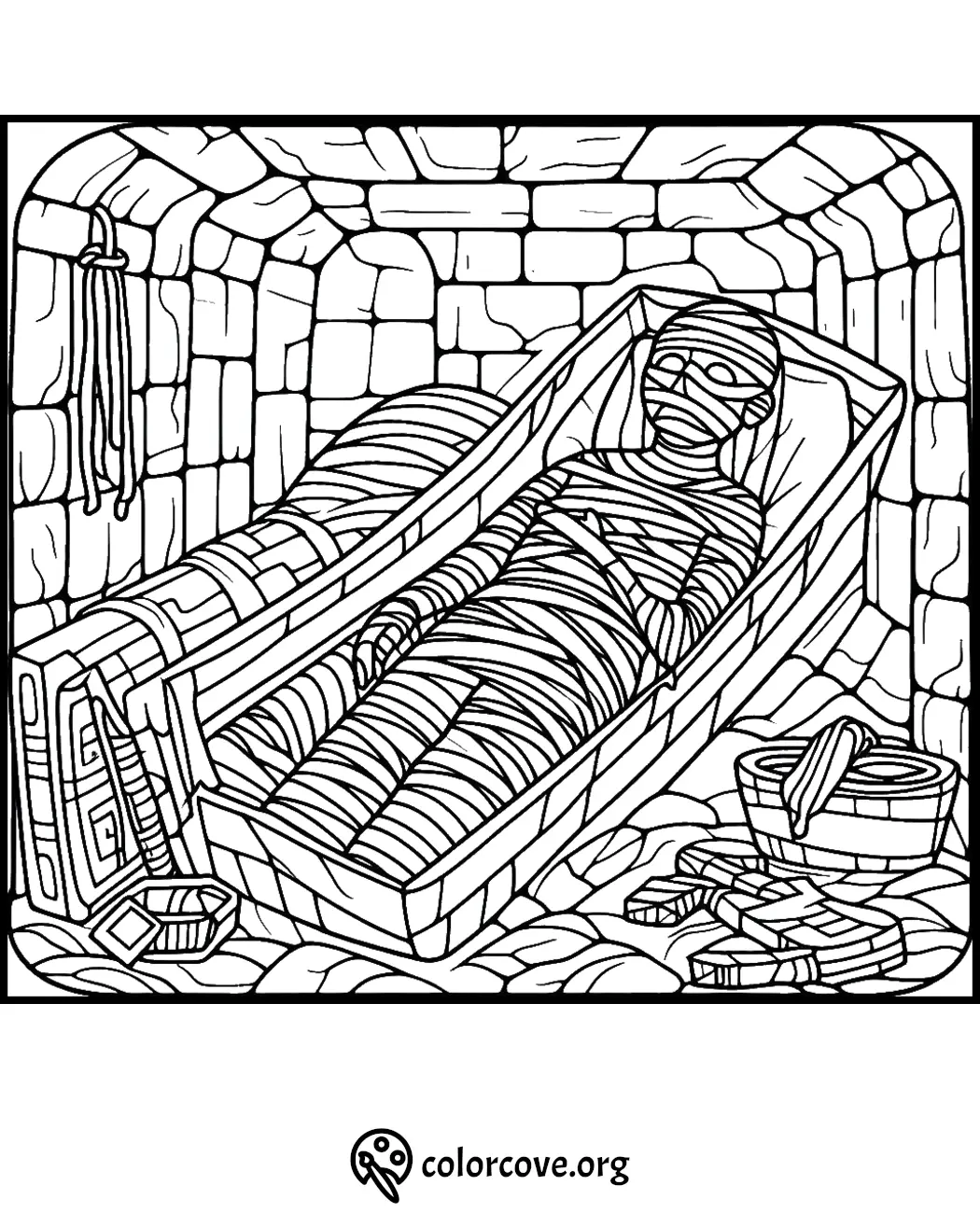 Mummy coloring page featuring an ancient mummy in a tomb, surrounded by artifacts and cobblestone walls.