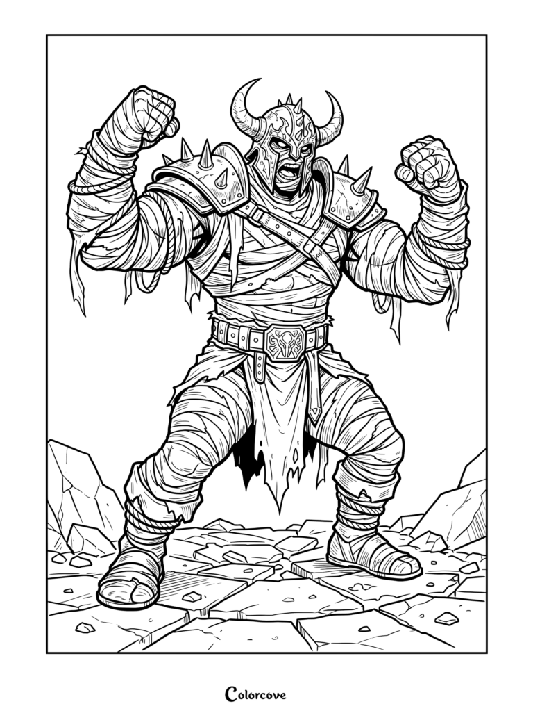 Fierce mummy warrior in spiked horned helmet and armor coloring page