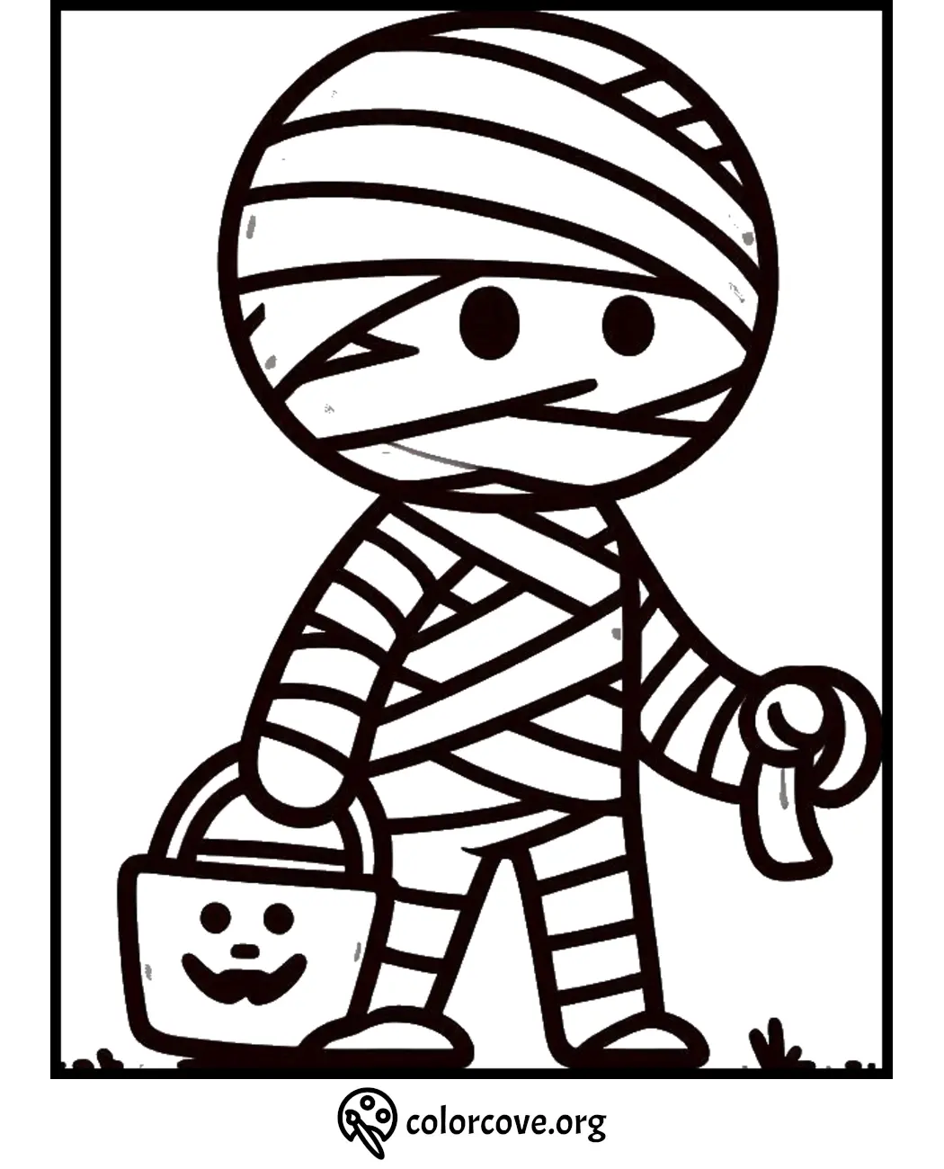 Cute Halloween mummy holding a trick-or-treat bucket coloring page, perfect for kids to color and enjoy.