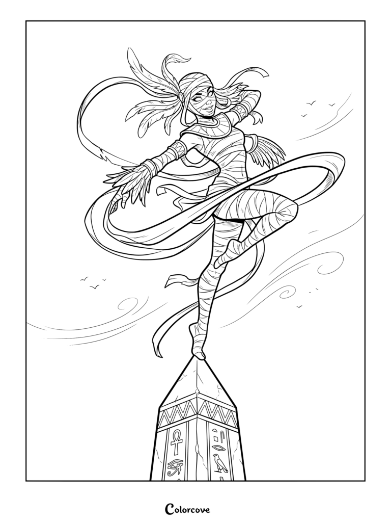 Mummy dancer balancing on an obelisk tip, coloring page with flowing ribbons and birds.