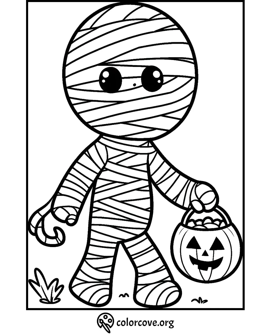 Cute Halloween mummy coloring page holding a pumpkin basket. Perfect spooky activity for kids. Download and print now!