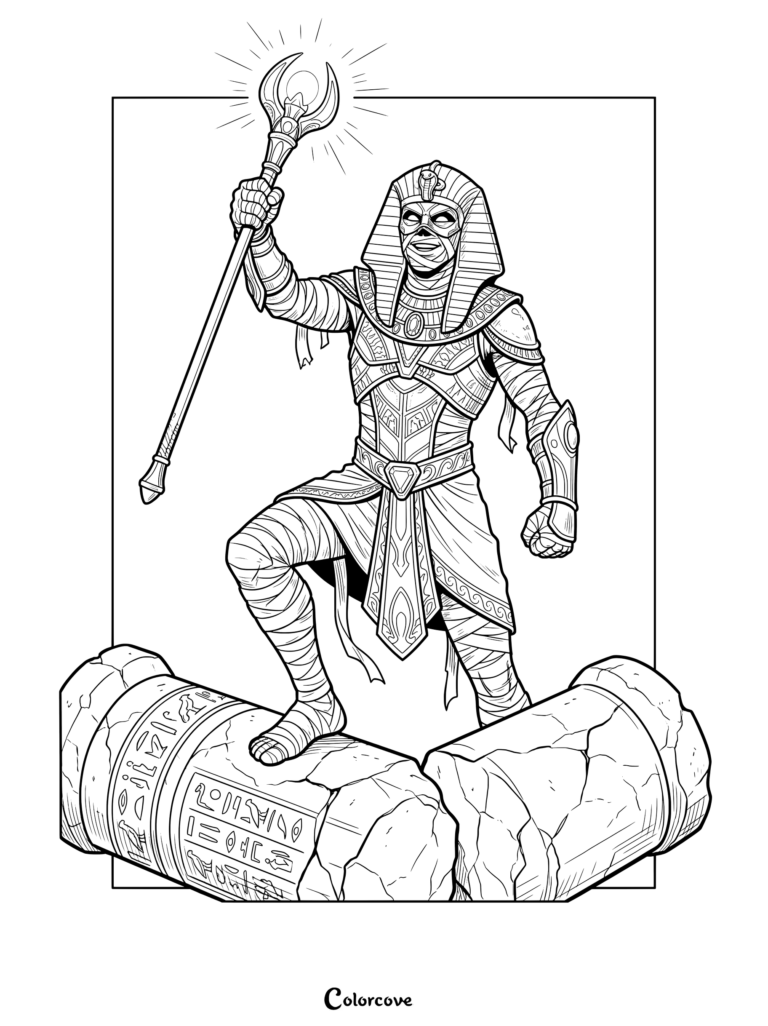Mummy pharaoh coloring page holding a glowing staff atop broken ancient stone pillars.