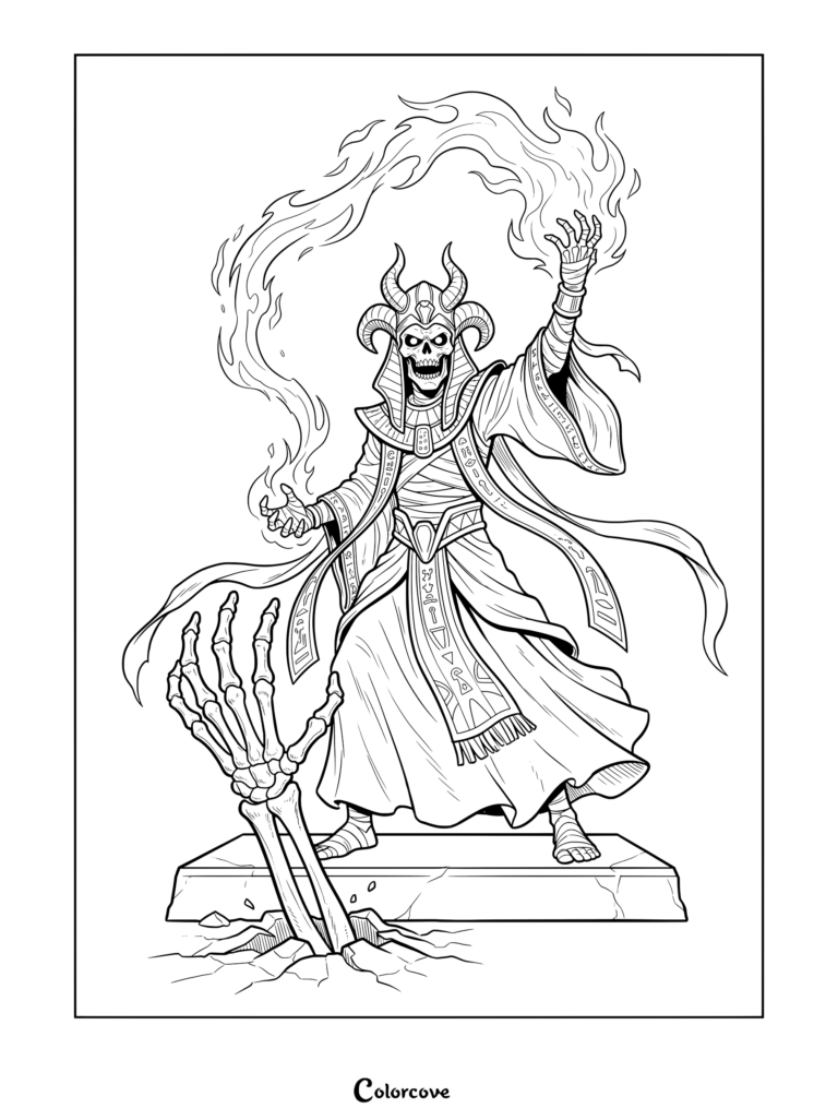 Detailed coloring page of an ancient horned mummy casting magical fire with skeletal hands rising from the ground.