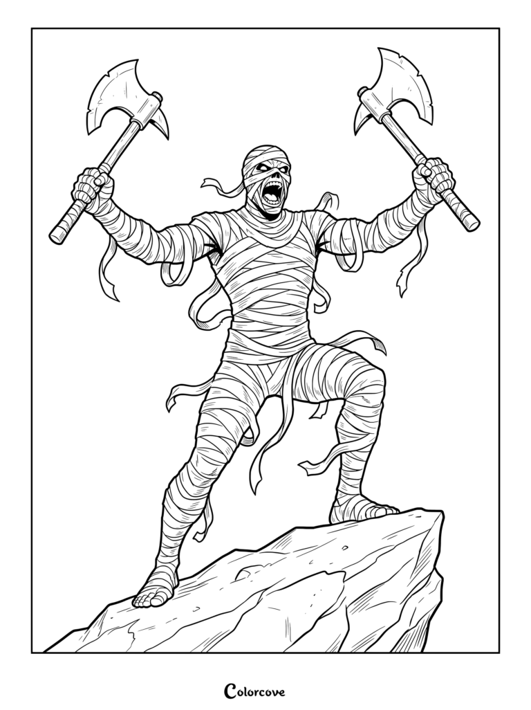 A fierce wrapped mummy coloring page featuring the undead warrior roaring while holding two axes on a rocky ledge.