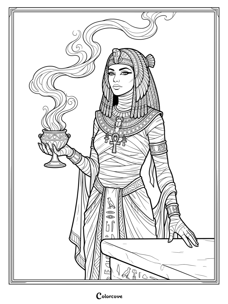 Mummy coloring page of an Egyptian queen holding an ornate smoking incense burner beside a stone altar.