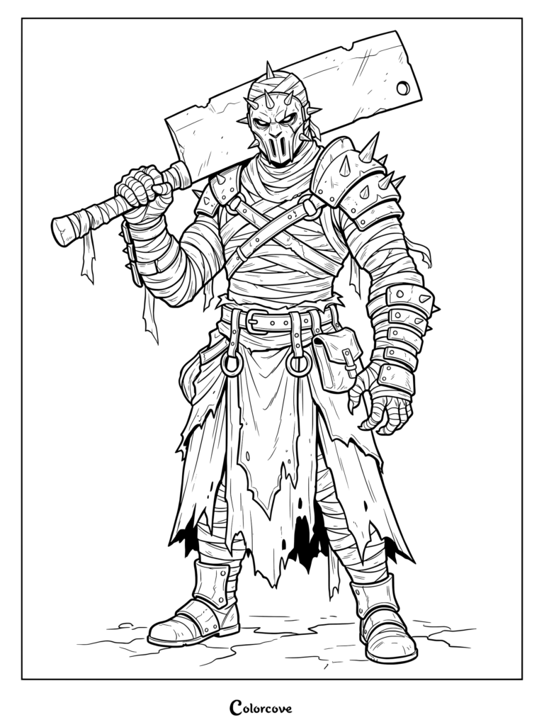 A fierce mummy warrior holding a large meat cleaver coloring page.