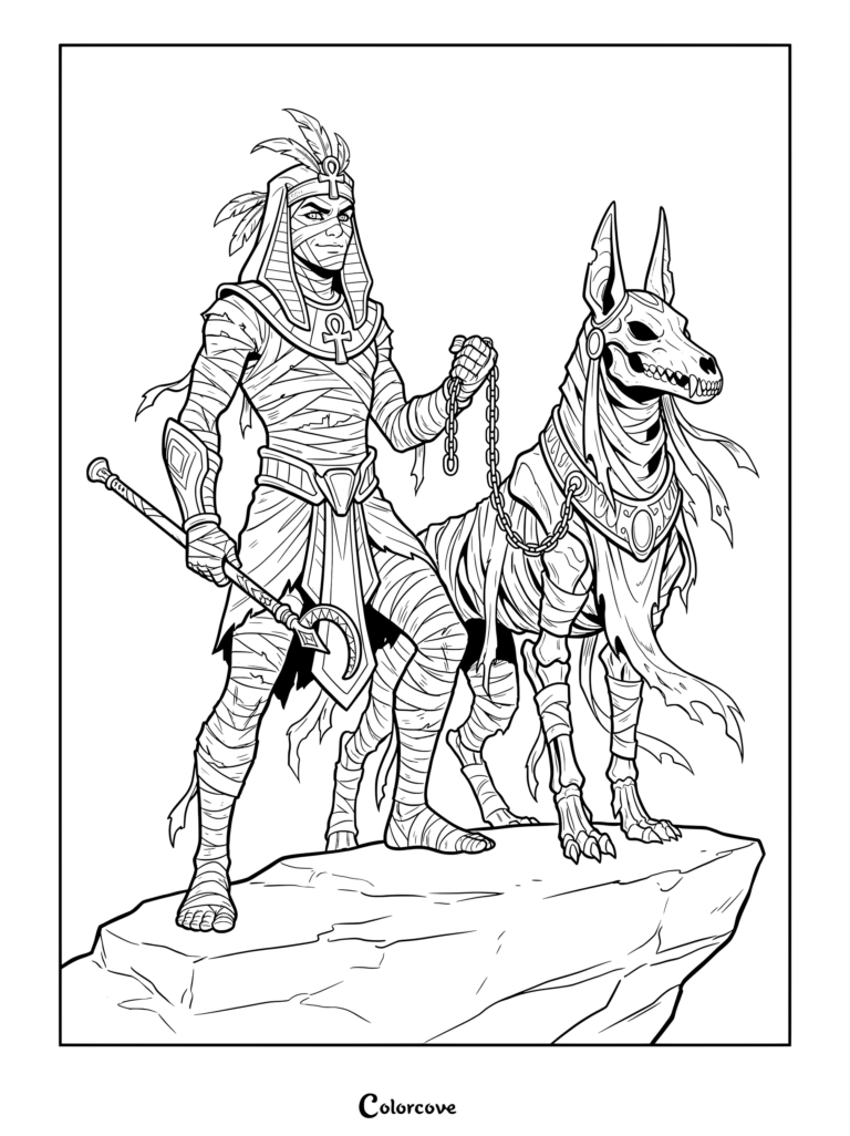 Free printable Mummy coloring page showing an ancient Egyptian pharaoh holding a staff and a chained skeleton jackal on a stone ledge.