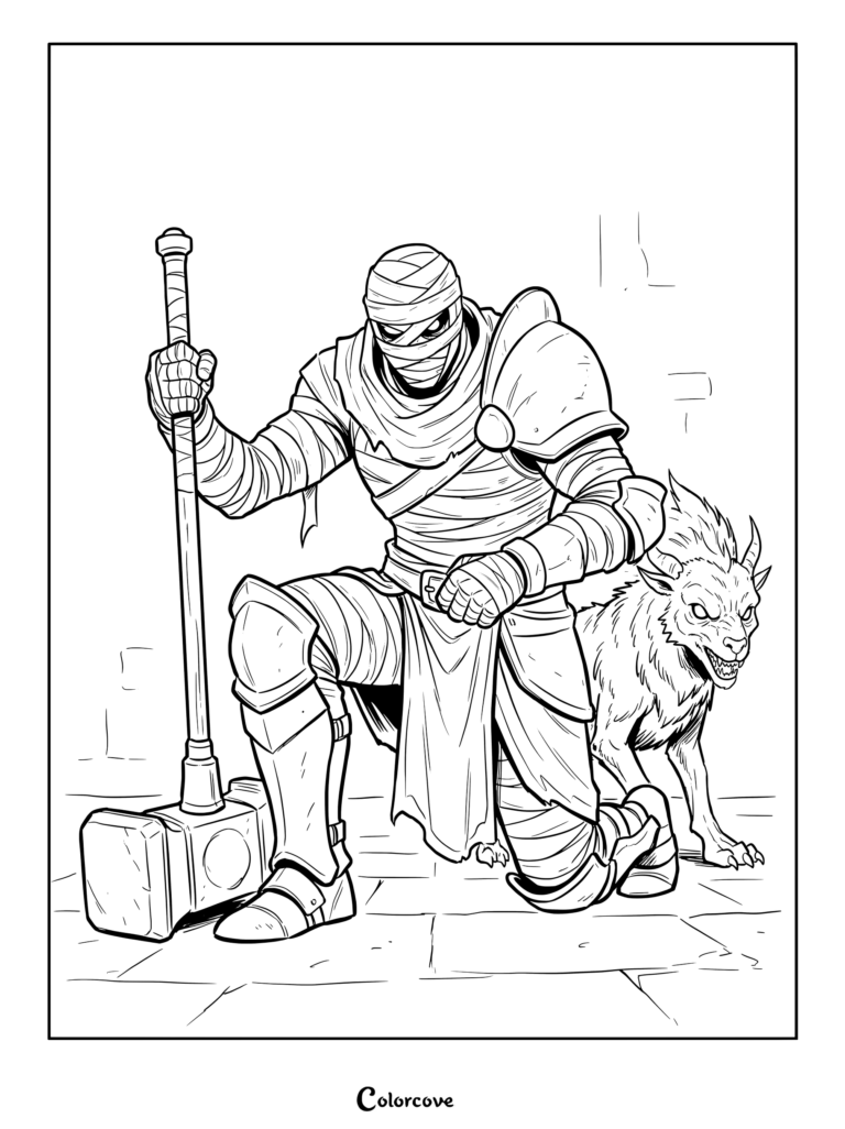 Printable mummy coloring page featuring an armored warrior kneeling with a large warhammer and a horned beast.