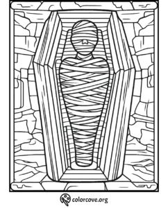 Mummy coloring page: black and white illustration of mummy in coffin, perfect for Halloween-themed coloring activities.