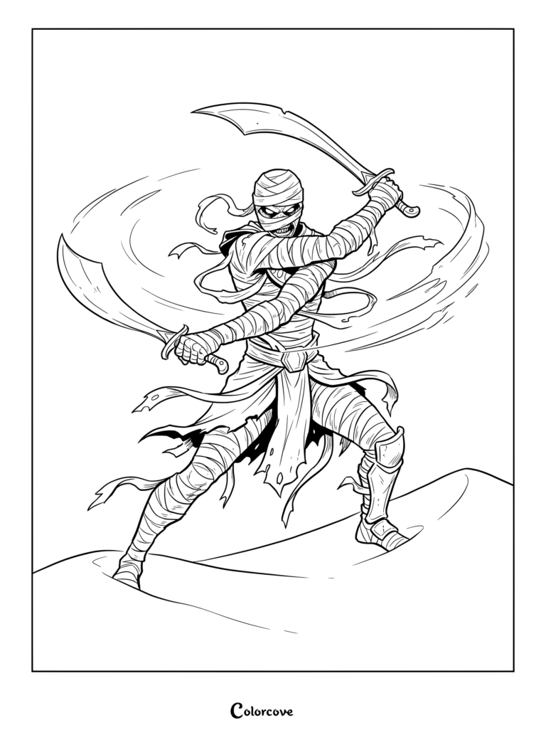 Mummy warrior wielding dual scimitars in a desert coloring page