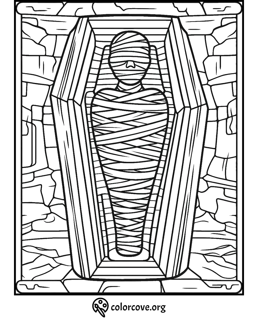 Mummy coloring page: black and white illustration of mummy in coffin, perfect for Halloween-themed coloring activities.