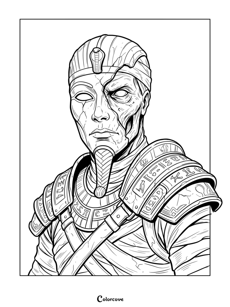 Printable mummy coloring page featuring a detailed portrait of an ancient pharaoh warrior with ornate armor and headdress.
