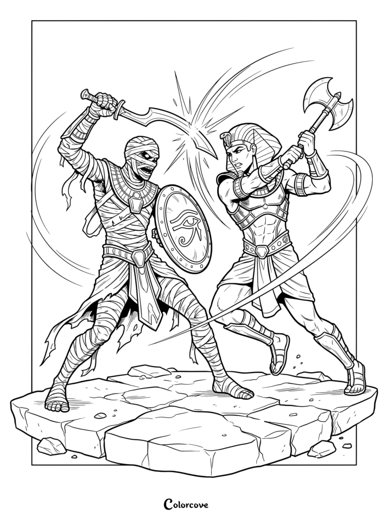 A detailed coloring page of a mummy warrior fighting an ancient Egyptian soldier with a battle axe.