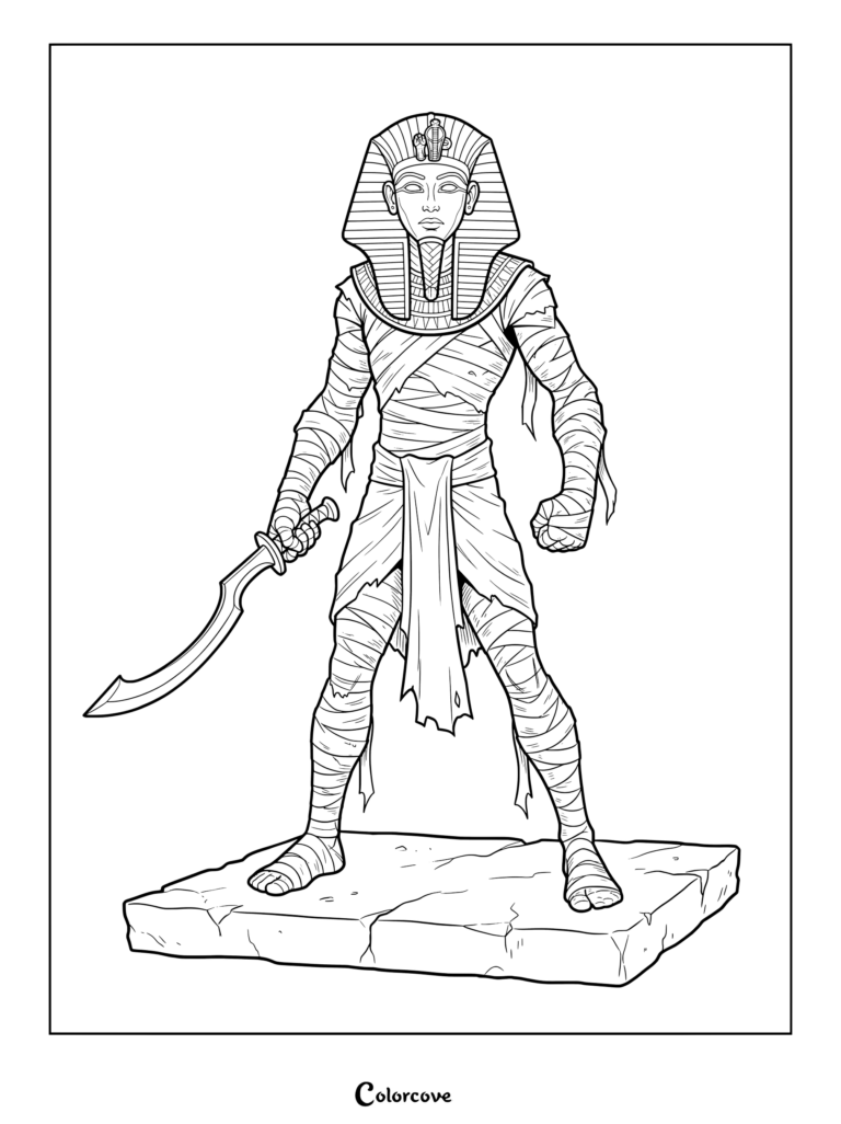 Mummy coloring page featuring an ancient Egyptian pharaoh warrior wrapped in linen bandages holding a khopesh sword.