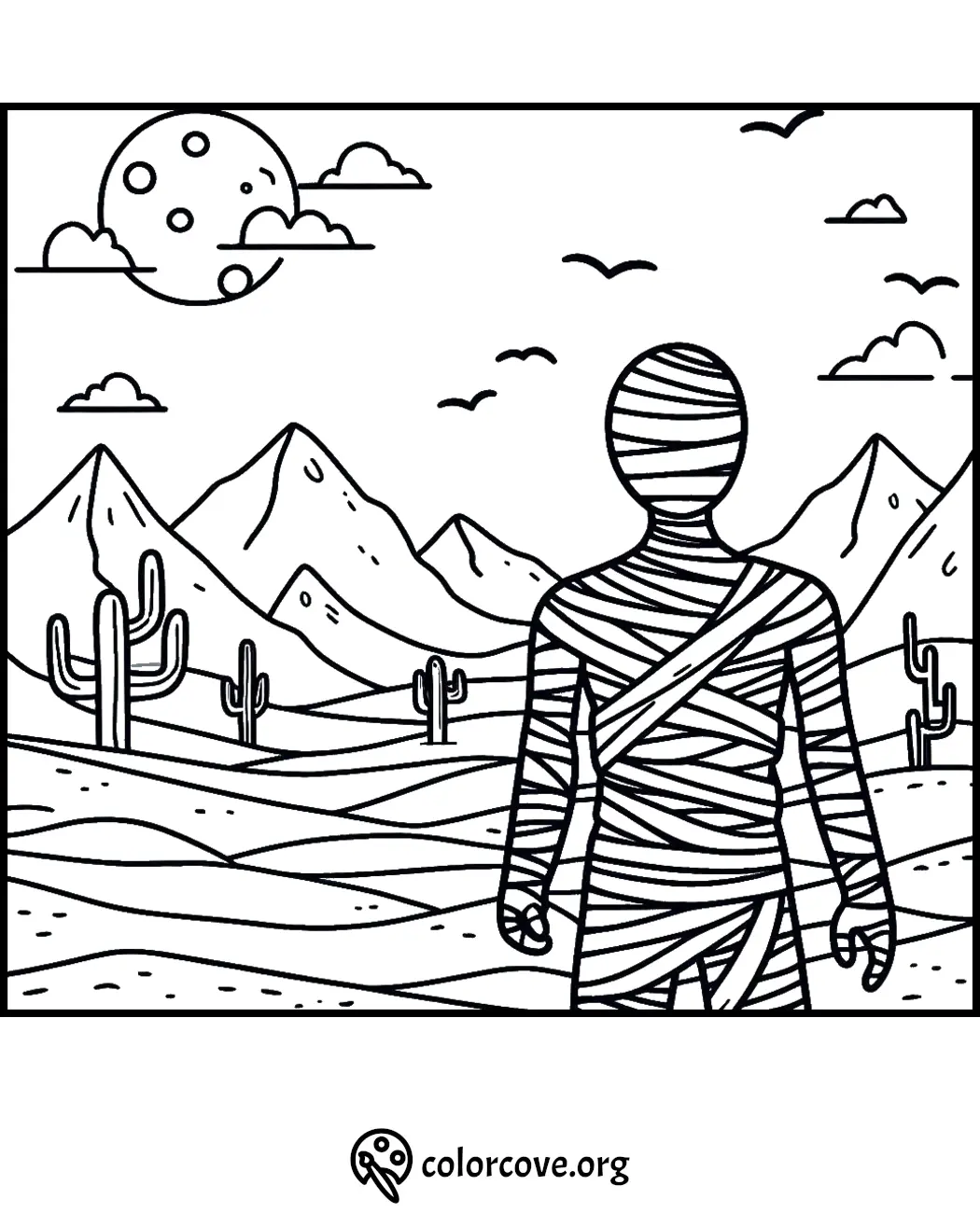 Desert scene coloring page featuring a wrapped figure against cacti, mountains, and a night sky with a moon.