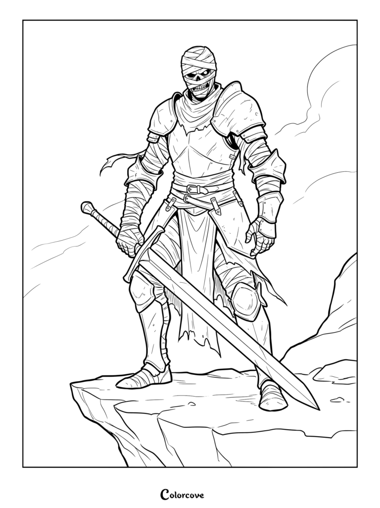 An armored mummy warrior holding a greatsword on a cliffside coloring page