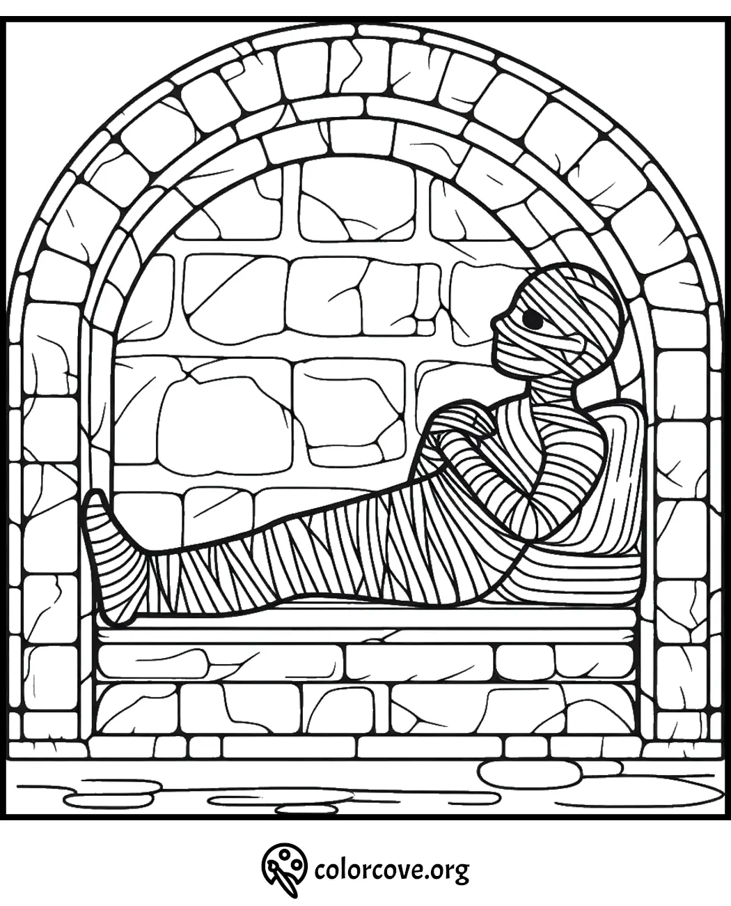 Mummy coloring page for kids, featuring a wrapped mummy lying in an arched stone tomb. Perfect for Halloween fun.