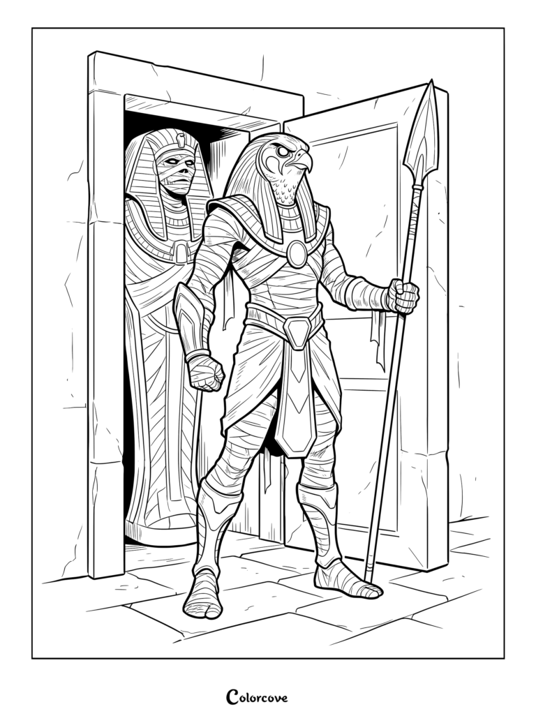 A mummy falcon warrior holding a spear standing next to a sarcophagus mummy coloring page