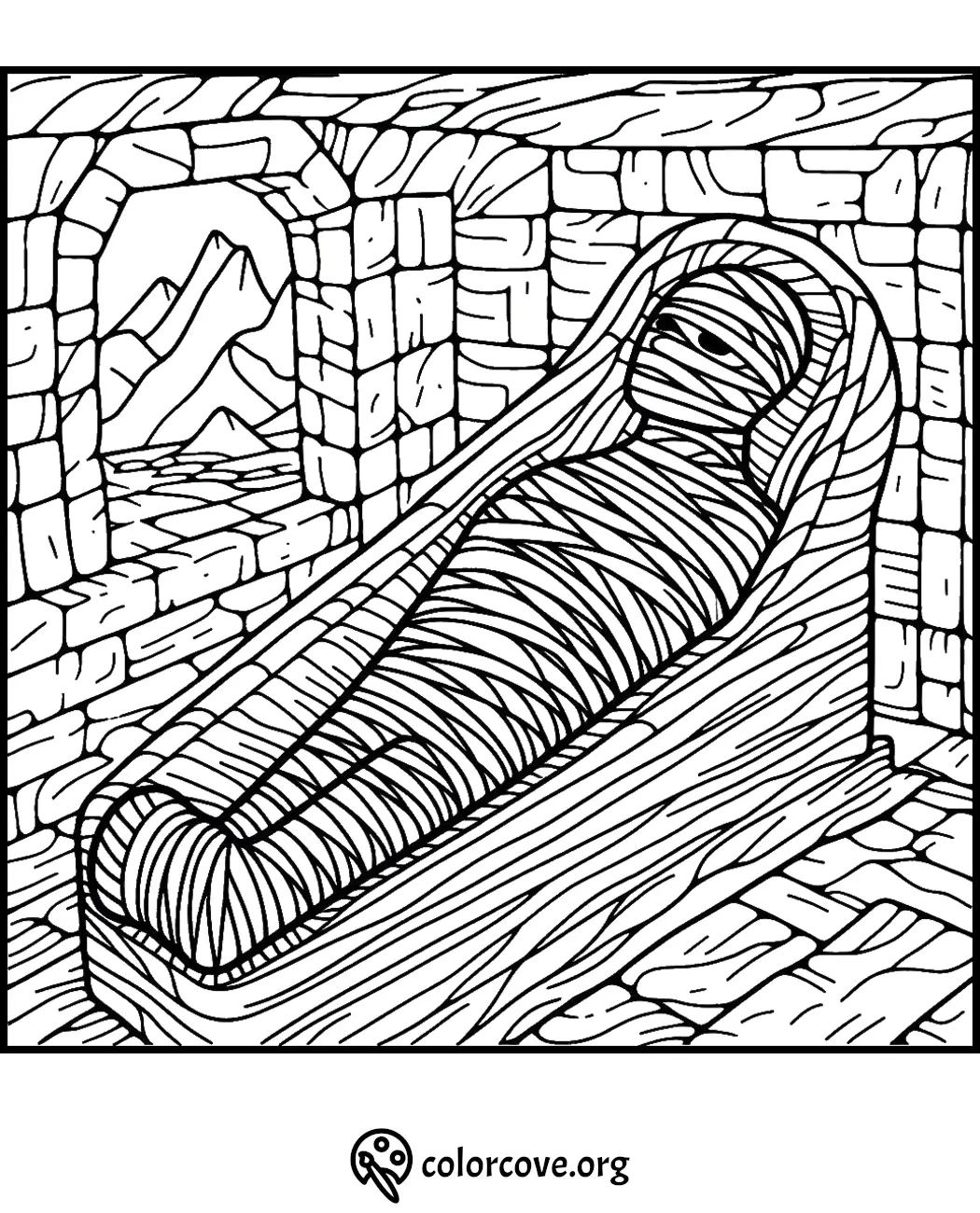 Mummy coloring page with ancient stone walls and mountain view. Printable Egyptian-themed activity for kids.