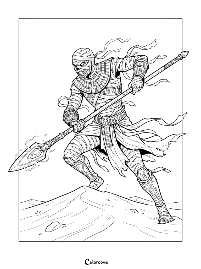 Detailed coloring page featuring an ancient mummy warrior holding a glowing spear in the desert.